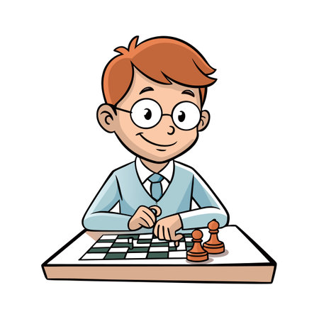 Cartoon boy playing chess with two pawns presentのイラスト素材