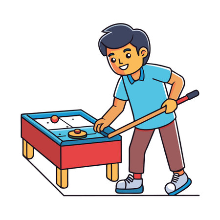 Cartoon character playing shuffleboard with cue stick illustrationのイラスト素材