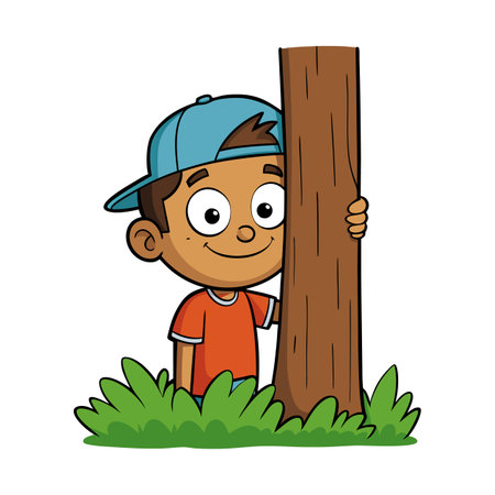 Cartoon boy hides behind a tree in grassy areaのイラスト素材