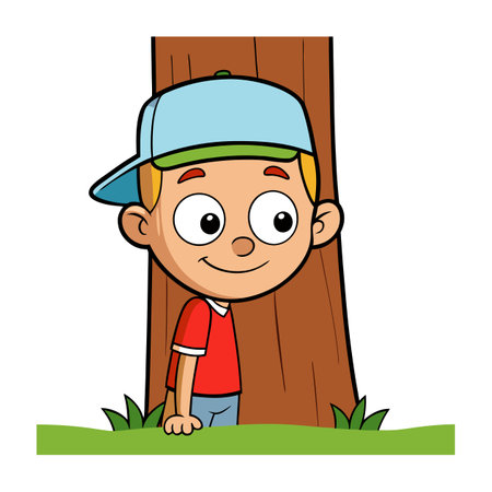 Cartoon boy peeking from behind tree, on green grassのイラスト素材