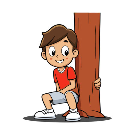 Cartoon boy playing hide and seek behind a treeのイラスト素材