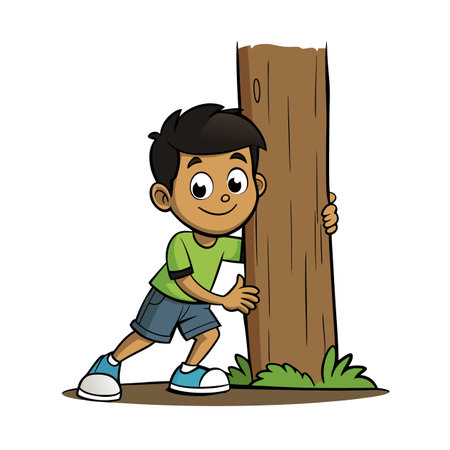Cartoon boy hugging a tree trunk in vibrant colorsのイラスト素材