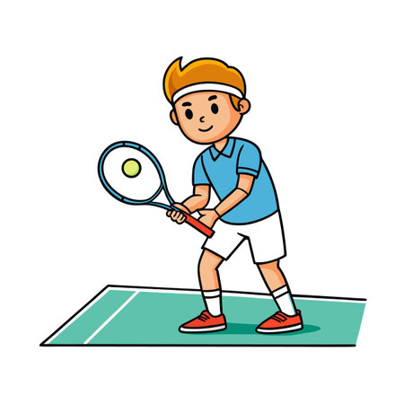 Cartoon tennis player ready to serve on the courtのイラスト素材