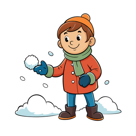 Cartoon boy playing with snowball in winter clothing illustrationのイラスト素材
