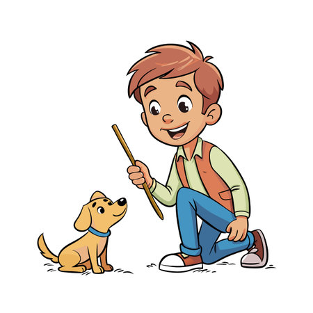 Cartoon boy playing fetch with his adorable puppyのイラスト素材