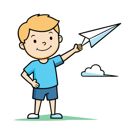 Happy boy playing with paper plane outdoors cartoon illustrationのイラスト素材