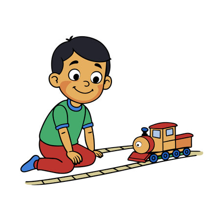 Smiling young boy playing with a toy train setのイラスト素材