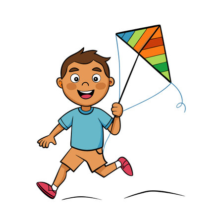 Cartoon boy happily runs with a colorful kite outdoorsのイラスト素材