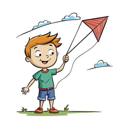 Cartoon boy with orange hair flies a red kiteのイラスト素材