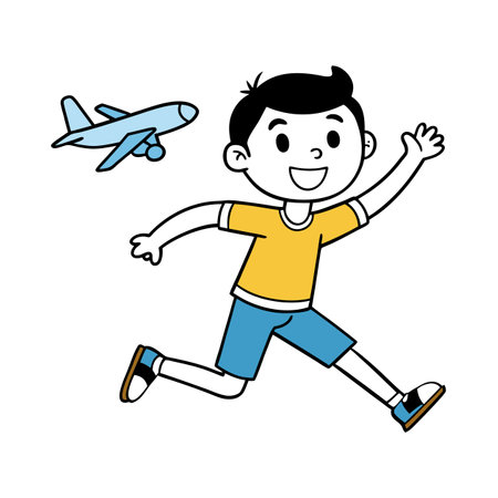 Boy chasing an airplane cartoon with youthful excitementのイラスト素材