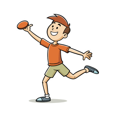 Cartoon boy throwing a frisbee while smiling outdoorsのイラスト素材