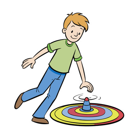 Young Boy Playing with Spinning Top Toy Cartoon Styleのイラスト素材