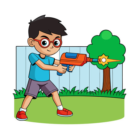 Boy in glasses playing with toy laser gun outdoorのイラスト素材