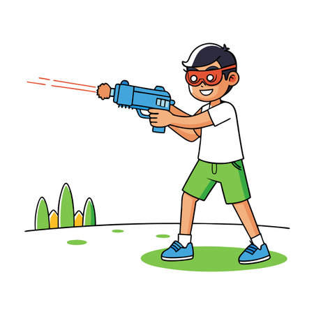 Cartoon boy shooting laser gun with goggles outdoor illustrationのイラスト素材