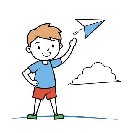 Boy with paper airplane launch into the sky conceptのイラスト素材