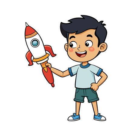 Boy playing with a toy rocket, cartoon illustrationのイラスト素材