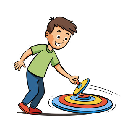 Boy plays with a spinning top toy cheerfully illustrationのイラスト素材