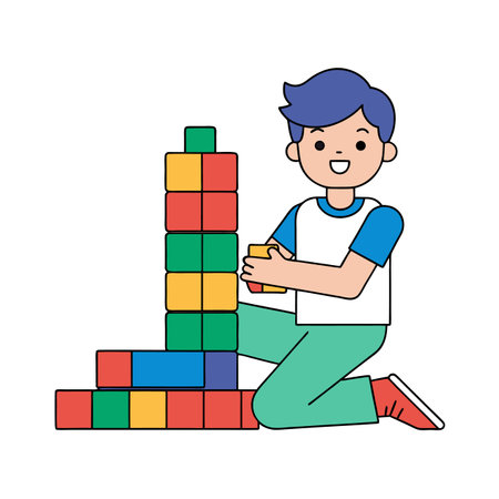 Boy constructing tower from blocks illustration on white backgroundのイラスト素材