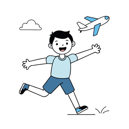 Boy running toward an airplane flying in the skyのイラスト素材