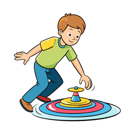 Boy playing with spinning top, childhood fun illustrationのイラスト素材