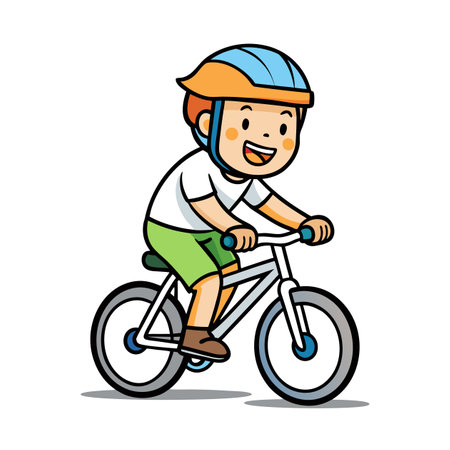 Cartoon boy enjoys riding bicycle wearing safety helmetのイラスト素材