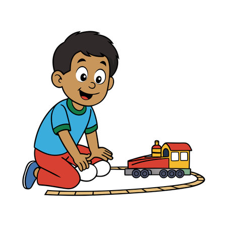 Happy child playing with toy train cartoon illustrationのイラスト素材