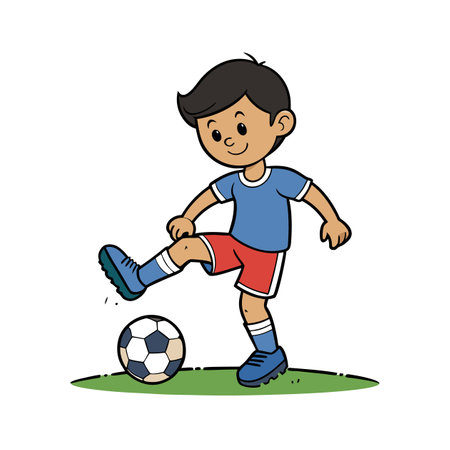 Cartoon boy soccer player kicking ball on green fieldのイラスト素材
