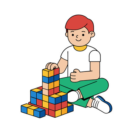 Cartoon boy building a tower with colorful blocksのイラスト素材