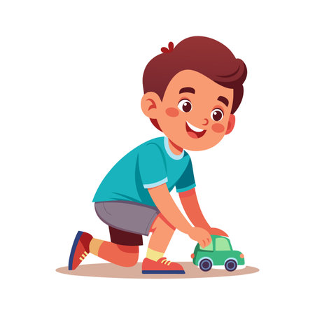 Happy boy playing with toy car illustration flat designのイラスト素材