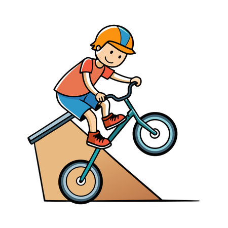Boy on bicycle doing trick on ramp illustrationのイラスト素材