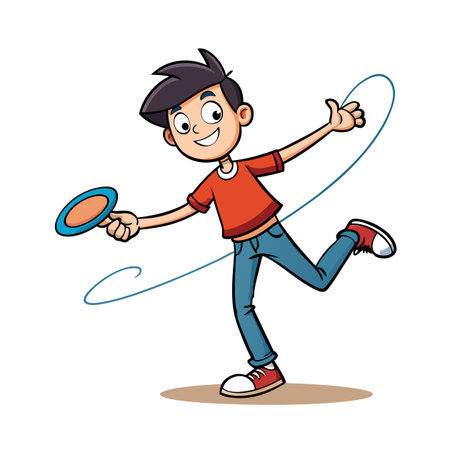 Cheerful boy throwing frisbee with dynamic line illustration styleのイラスト素材