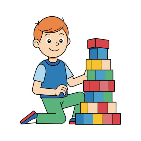 Boy kneeling, building tower with colorful blocks illustration artのイラスト素材