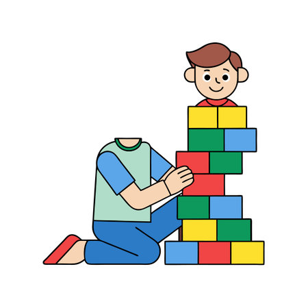 Cartoon boy building colorful block tower on white backdropのイラスト素材