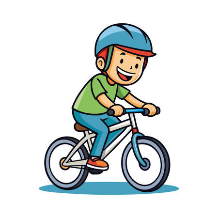 Cartoon boy happily riding bicycle with helmet onのイラスト素材