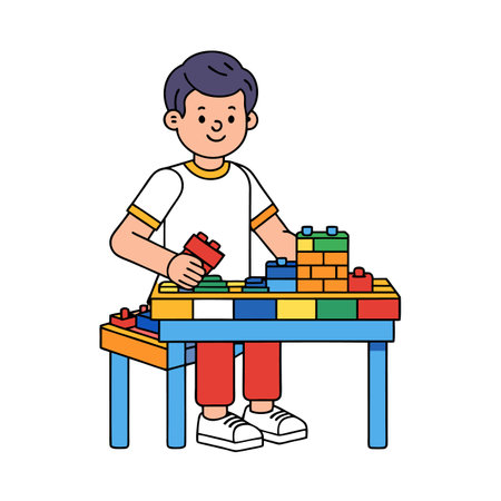 Boy building colorful blocks on table, cartoon illustrationのイラスト素材