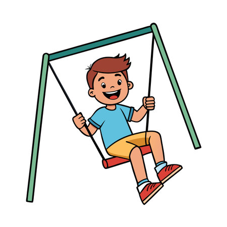 Happy cartoon boy swinging on a playground swing setのイラスト素材