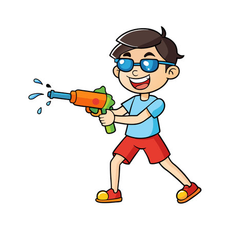 Cartoon boy with water gun enjoying summer funのイラスト素材