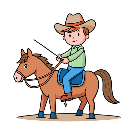 Cartoon cowboy rides a horse in a cheerful sceneのイラスト素材