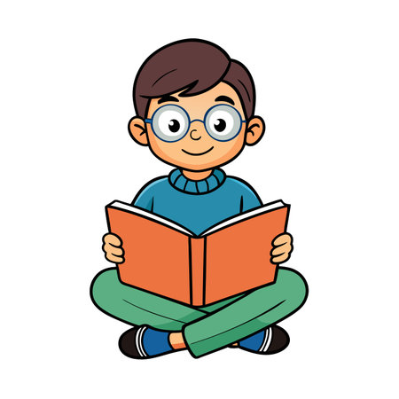 Boy reading book illustration in flat cartoon styleのイラスト素材