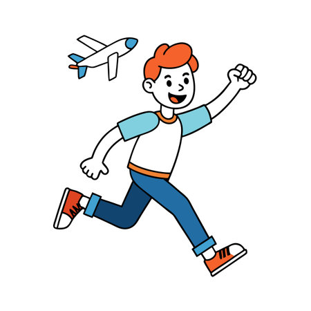 Cartoon boy running with airplane chasing dreams illustration artのイラスト素材