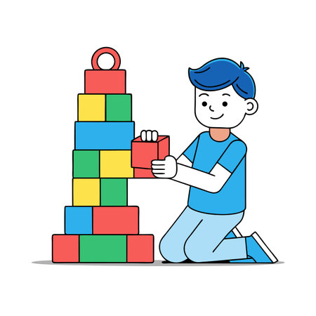 Child Building Tower with Colorful Blocks Flat Illustration Styleのイラスト素材
