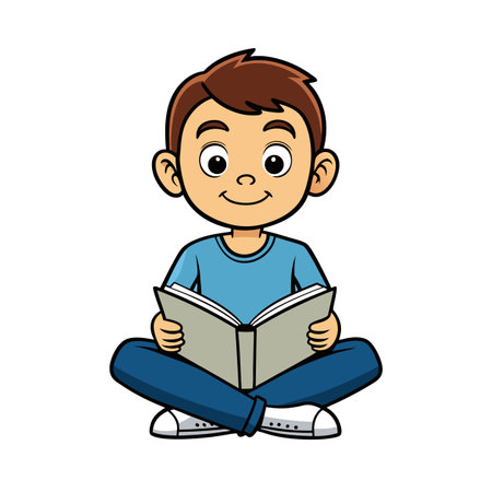 Boy reading a book in a cross-legged poseのイラスト素材