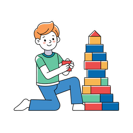 Child building toy tower with blocks outlined cartoon illustrationのイラスト素材