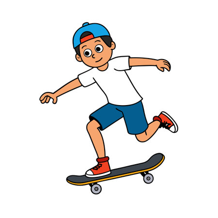 Cartoon boy skating with black outline in flat designのイラスト素材