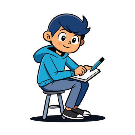 Cartoon artist boy drawing on sketchbook sitting on stoolのイラスト素材