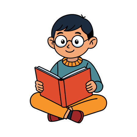 Cartoon boy reading a book in cross legged poseのイラスト素材