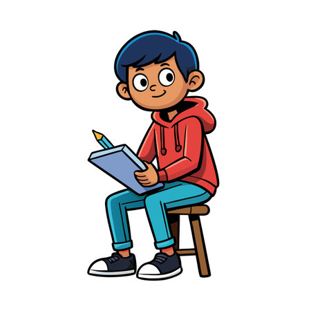 Boy seated drawing on pad in vibrant cartoon styleのイラスト素材