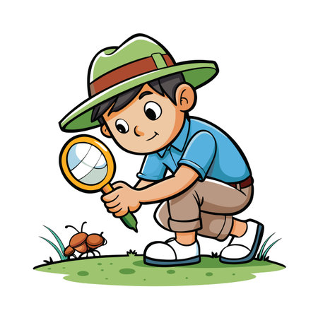 Cartoon boy using magnifying glass examining an ant in natureのイラスト素材