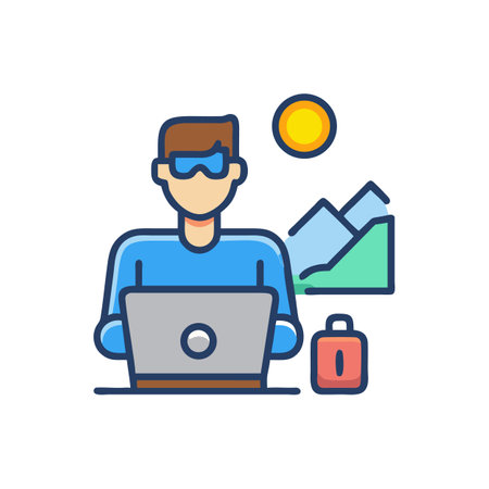 Remote worker with laptop and mountain scenery illustrationのイラスト素材