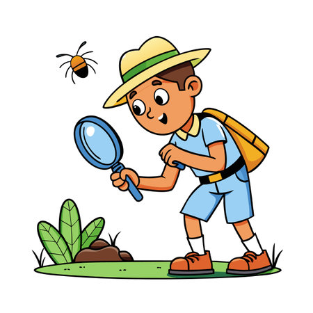 Cartoon boy exploring nature with magnifying glass and bugのイラスト素材